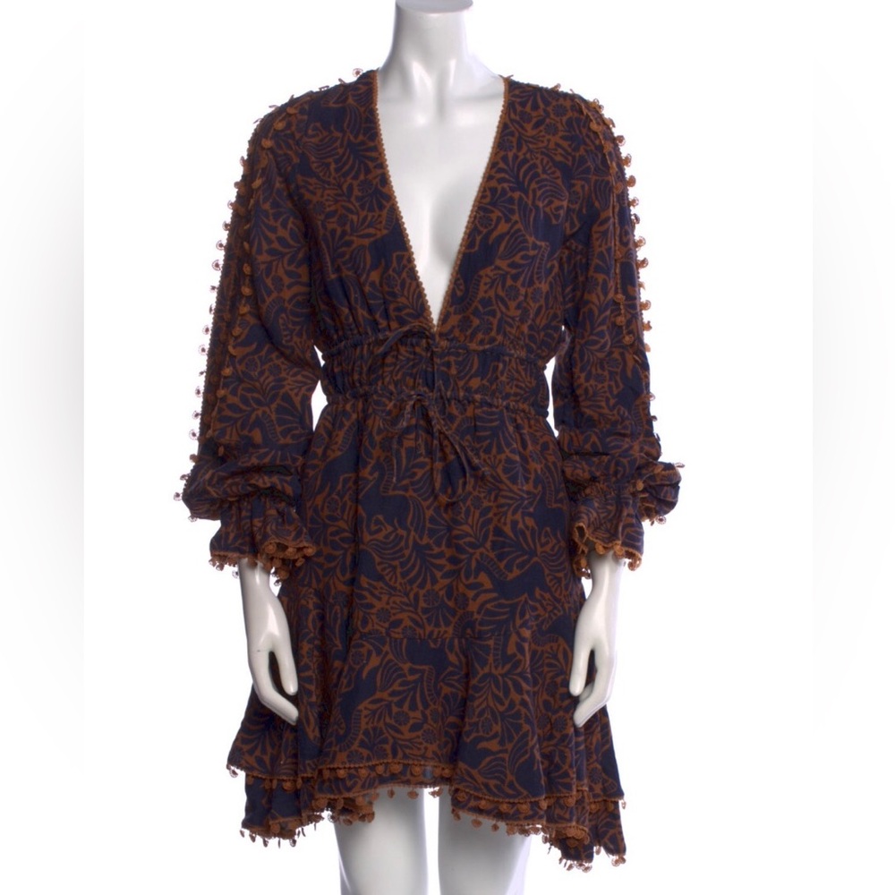 Cami NYC Navy and Brown Long Sleeve mini boho Dress S